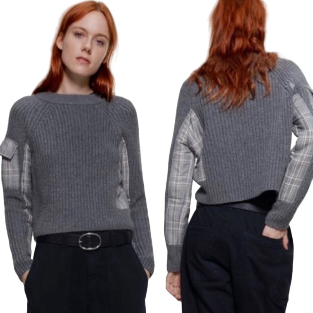 Zara Chunky Knit Sweater Crew Neck Plaid Panels Cargo Pocket Gray Womens Large
